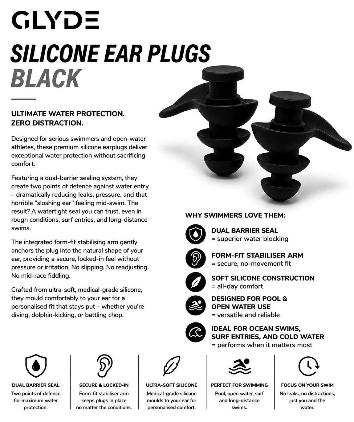 HydraLock Silicone Moulded Ear Plugs - Grey